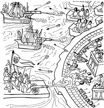 Последний штурм Теночтитлана, Флорентийский кодекс. Кортес доставил к озеру 13 бригандин длиной 13-15 м. Эти плоскодонные суда с одним-двумя парусами могли близко подходить к берегу.