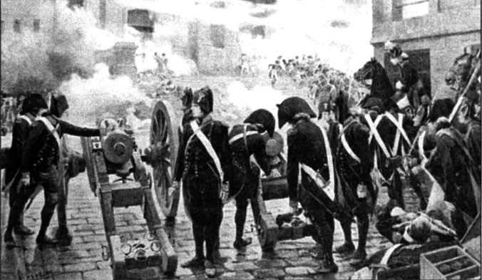 Артиллерия генерала Бонапарта ведет огонь в ходе подавления восстания в Париже против республиканского правительства 5 октября 1795 г