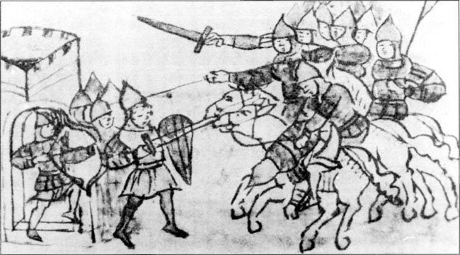 Миниатюры из копии XV века, снятой с утраченного оригинала XIII в. «Радзивилловской летописи». Конница атакует ворота города или замка.