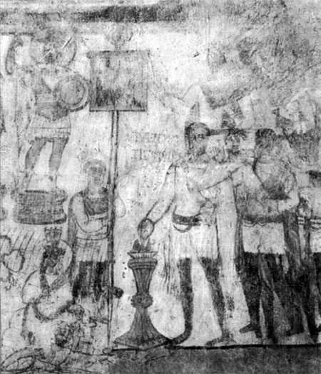 Фреска с Дура-Европос. Трибун Юлий Тереций (в центре справа) ведет церемонию жертвоприношения. Слева от него вексиллярий. Еще одна фигура в белом плаще – вероятно центурион.