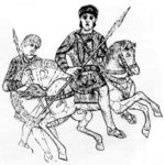 Фрагмент с серебряного блюда из Керчи, середина IV века. Изображен император Констанций II(337-361) в сопровождении гвардейца. Гвардеец держит щит, украшенный изображенем лабарума.
