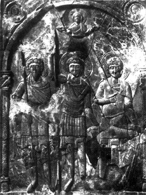 Святые Теодор, Георгий и Димитрий одеты как конные воины начала XII века.