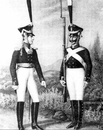 Гренадерские офицер (слева) и унтер-офицер, 1812 год