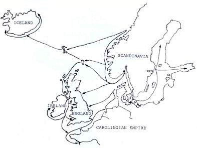 Маршруты набегов и места поселений викингов