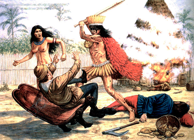 Вождь индейцев-каонабо убивает людей Колумба, Ла-Нативидад, 1493 г.