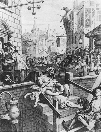 Гравюра Уильяма Хогарта «Джин лейн». Изображено дно английского общества. Неудивительно, что нищие часто шли в пираты, надеясь хоть так поправить свои дела.