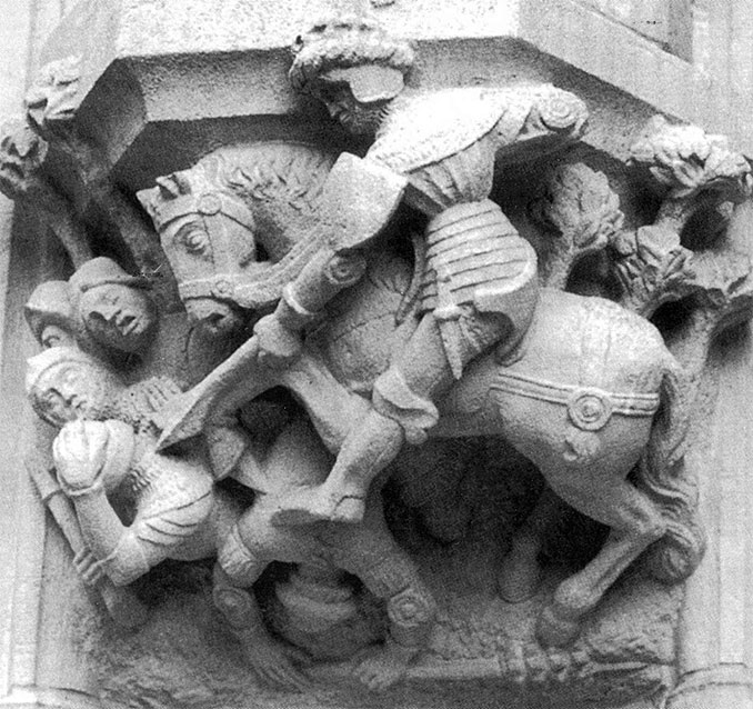 Рыцарь в полных доспехах преследует бегущую пехоту. Возможно, эта композиция изображает победу герцога Бургундского над повстанцами из Гента.