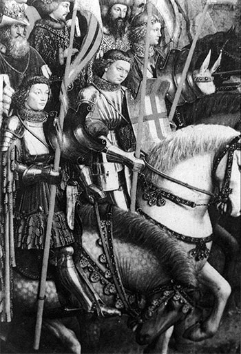Рыцари Христовы, роспись Яна ван Эйка, 1435 г. Детали доспехов и конской упряжи очень хорошо прописаны. Доспехи представляют собой смешение германского и французского стиля.