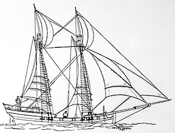Американская колониальная шхуна XVIII века. Шлюп от шхуны отличался меньшими размерами и наличием только одной мачты. Оба типа были популярны среди пиратов за свою быстроту и малую осадку.