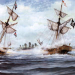«Ройял Джеймс» и «Генри» сражаются у Кейп-Фйр Ривер, Северная Каролина, 27 сентября 1718 года. Узнав о близком присутствии Стида Боннета, губернатор колонии Южная Каролина послал полковника Уильяма Ретта на охоту за пиратом. Погоня завершилась сражением, в результате которого Бонне капитулировал, был схвачен и позже повешен.