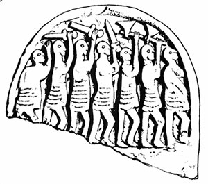 Изображение викингов на надгробной плите в монастыре Линдисфарн, несомненно, на могиле одной из жертв многочисленных набегов.