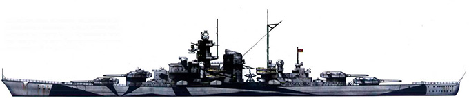 На надстройках «Тирпица» установлены дополнительные зенитные орудия, Альтенфьорд, Норвегия, 16 марта 1944 г. Британская авиация семь раз бомбила «Тирпиц», пока не потопила линкор 12 ноября 1944 г.
