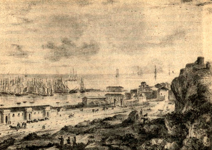 Одесса. Вид на порт в начале XIX в. Гравюра