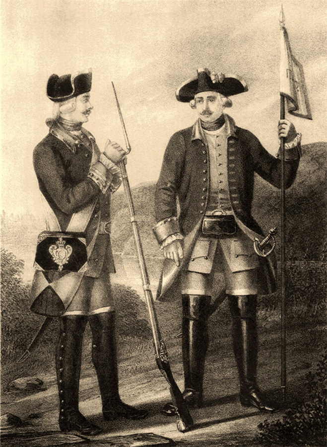 Мушкетер и сержант армейского пехотного полка, 1759 г