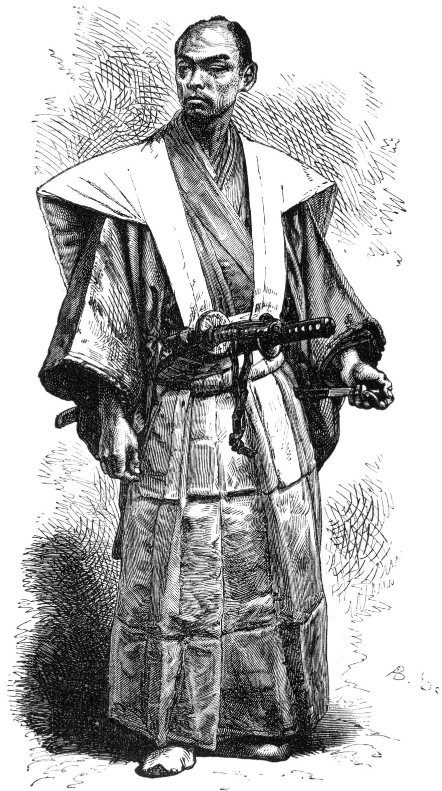 Самурай, одетый в ками-симо и вооруженный двумя мечами
