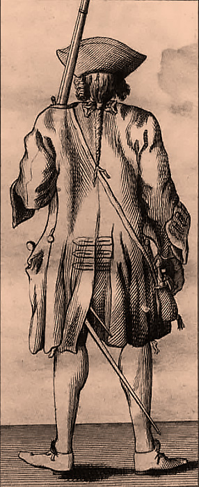 Вид сзади на униформу рядового французского гвардейского полка, 1725 г