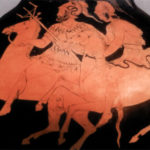 Краснофигурная ваза, “Посейдон – владыка лошадей” верхом в сопровождении молодого всадника.